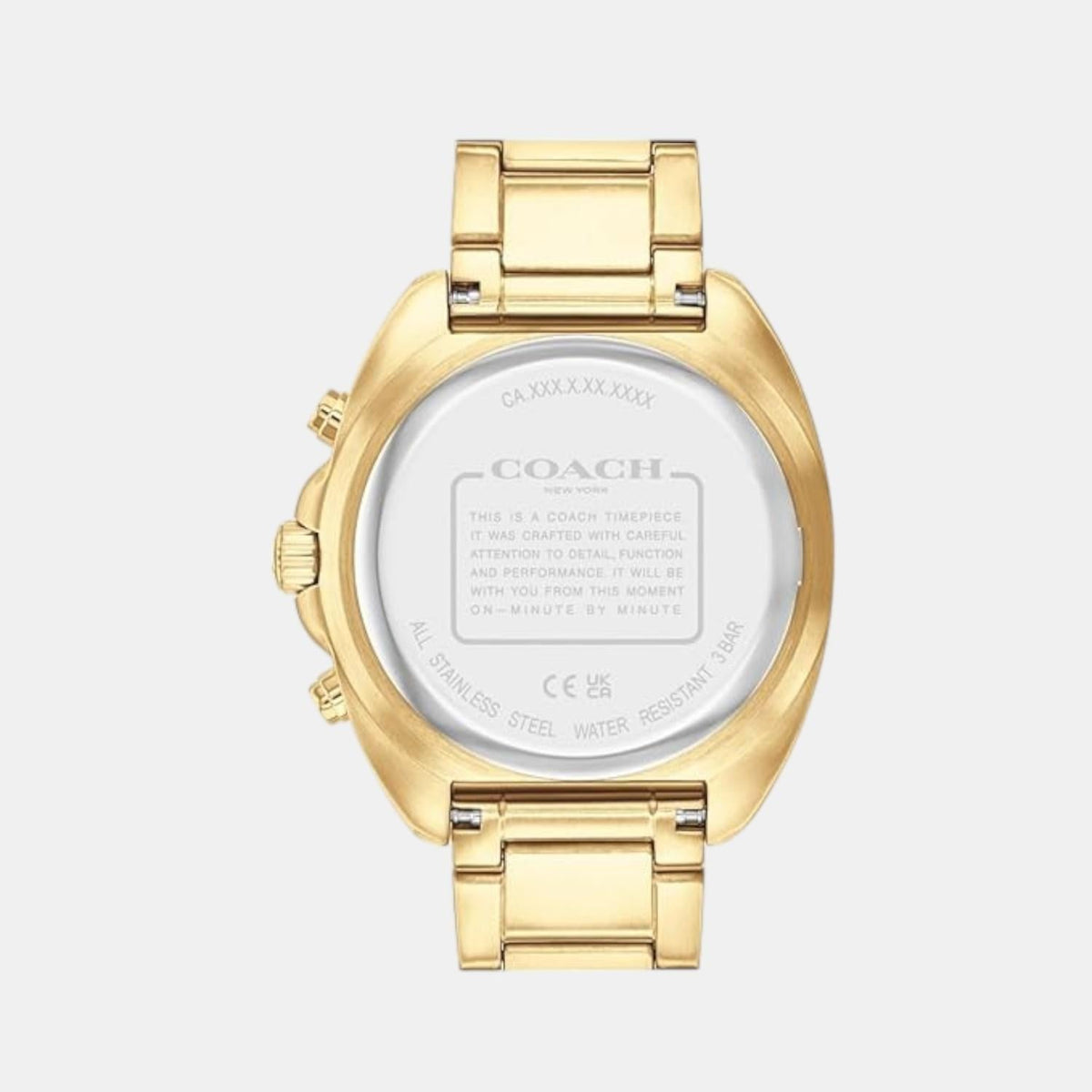 Coach Charter watch caseback with engraved branding and specifications