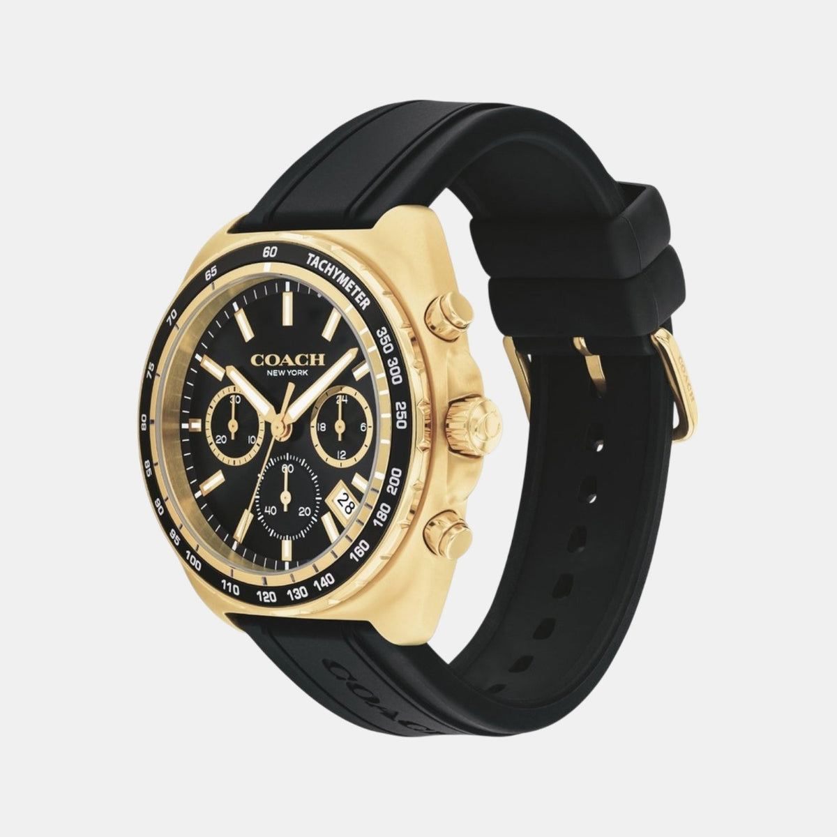 COACH Charter Chronograph watch angled view showing gold case and black rubber strap