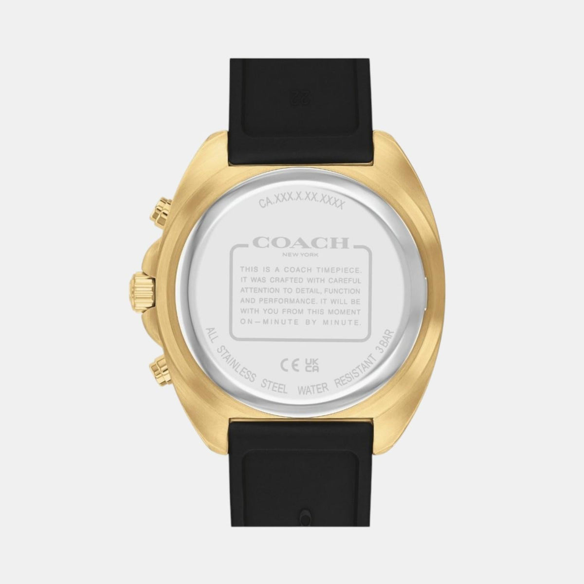 COACH Charter watch caseback with engraved timepiece information