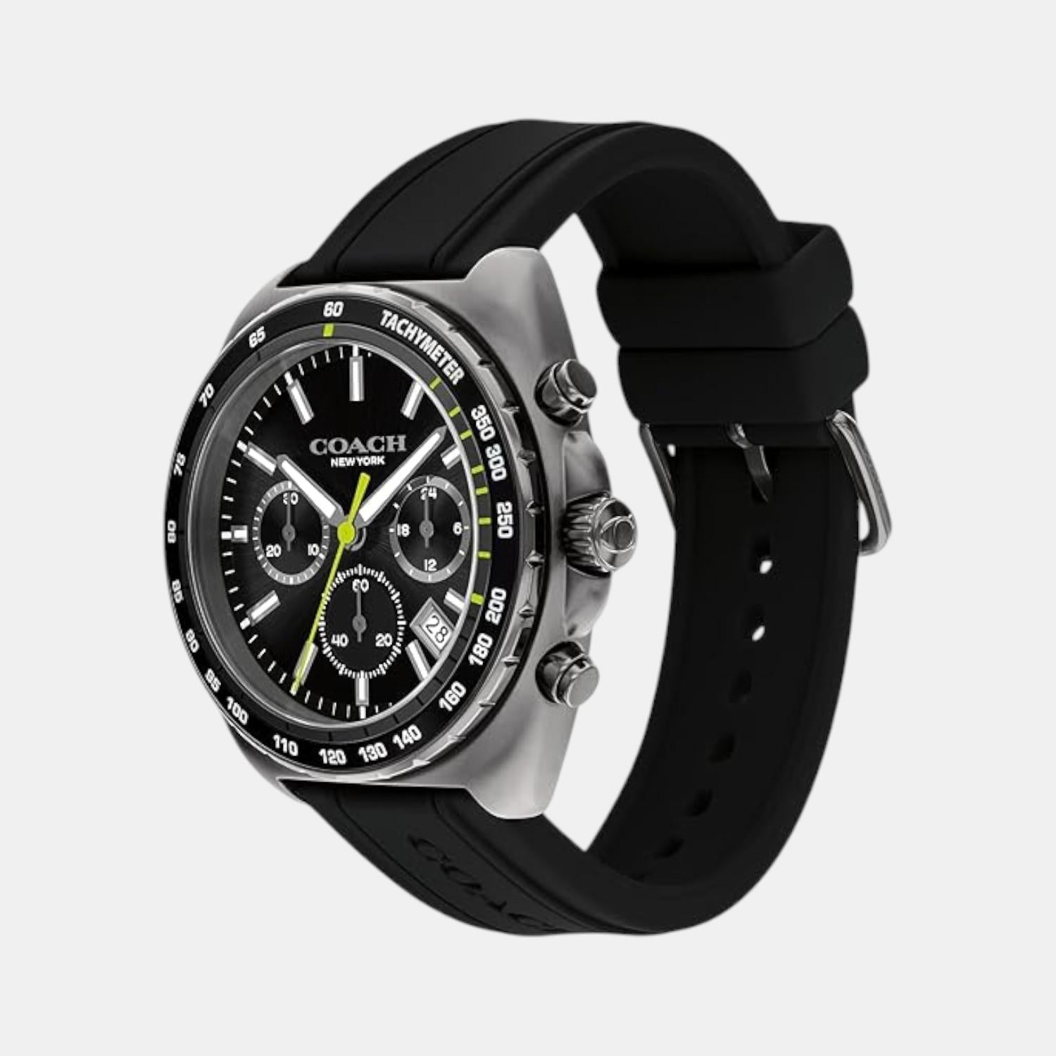 Coach Charter chronograph watch displayed at angle showing black leather strap and tachymeter bezel
