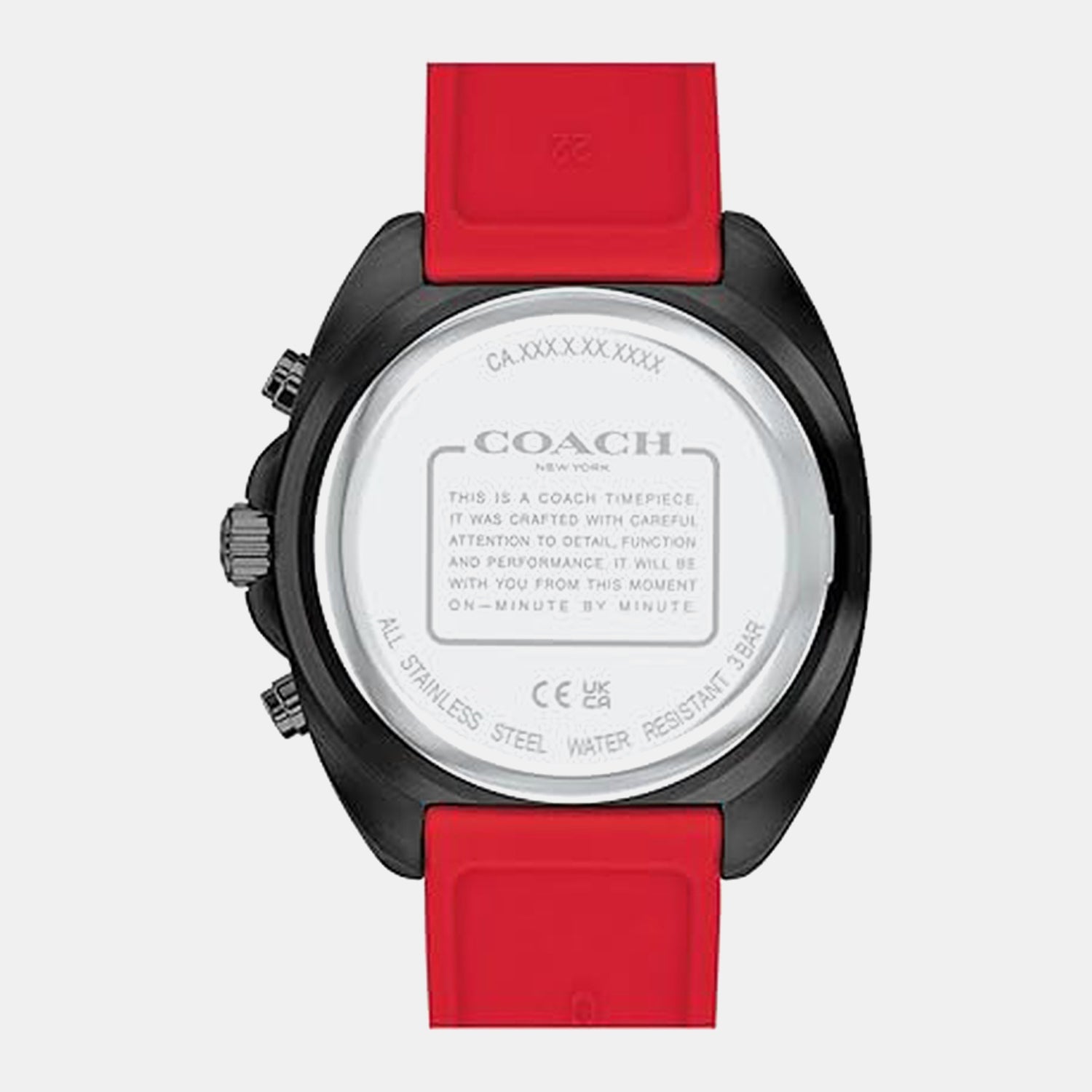 Coach Charter watch caseback displaying stainless steel and water resistance details
