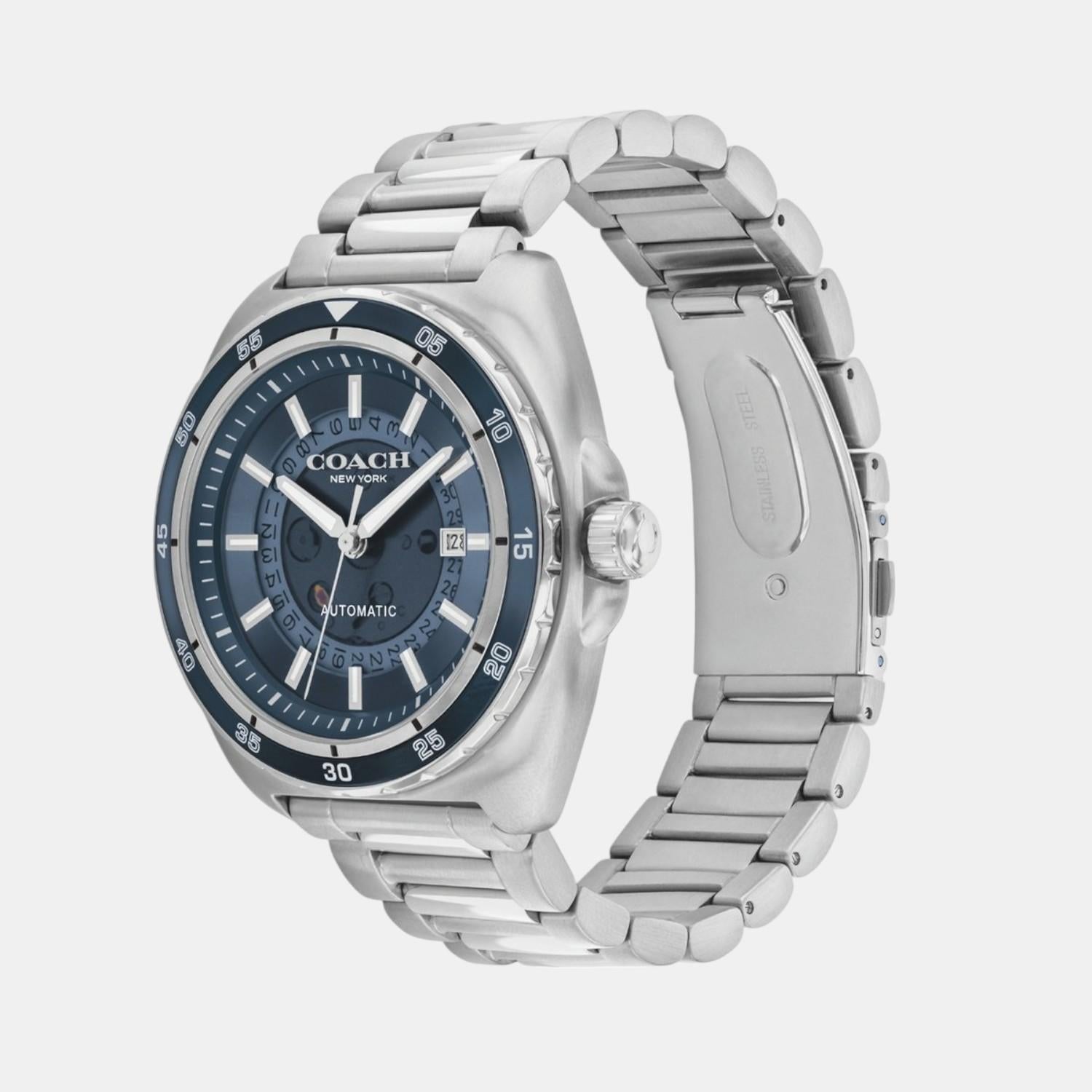 COACH Charter watch showing blue dial and stainless steel link bracelet from side angle