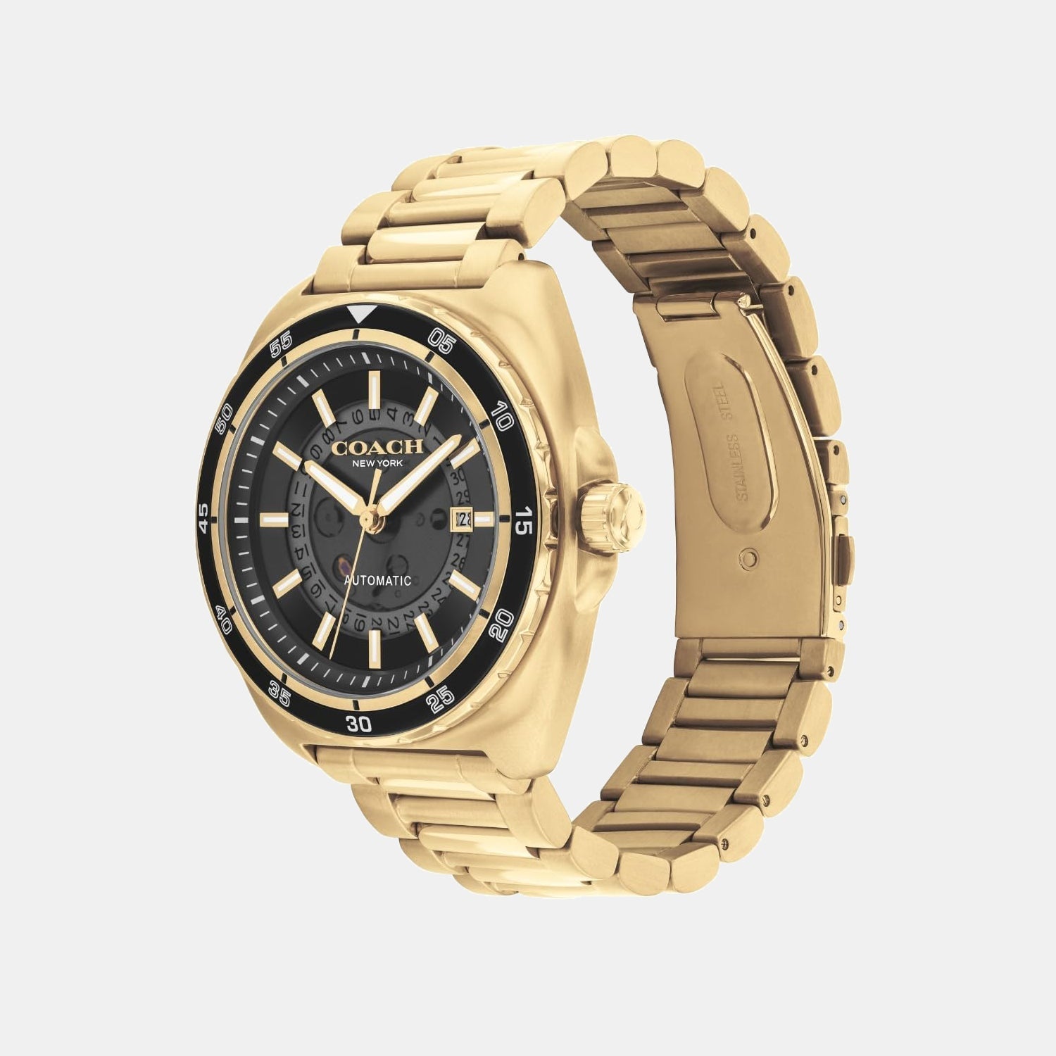 Coach Charter men's watch with gold case and bracelet displayed at angle