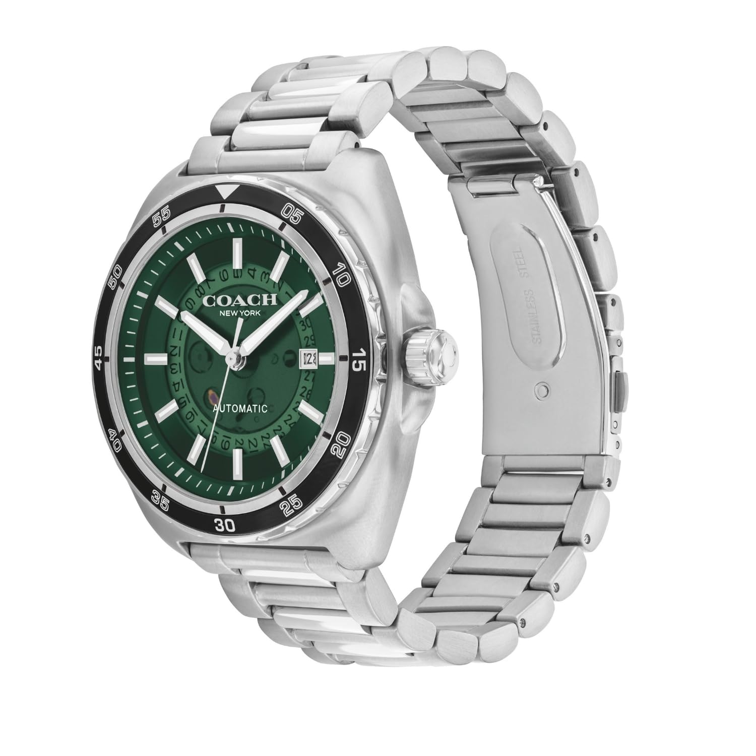 COACH Charter watch angle view showing green dial, black bezel, and stainless steel bracelet