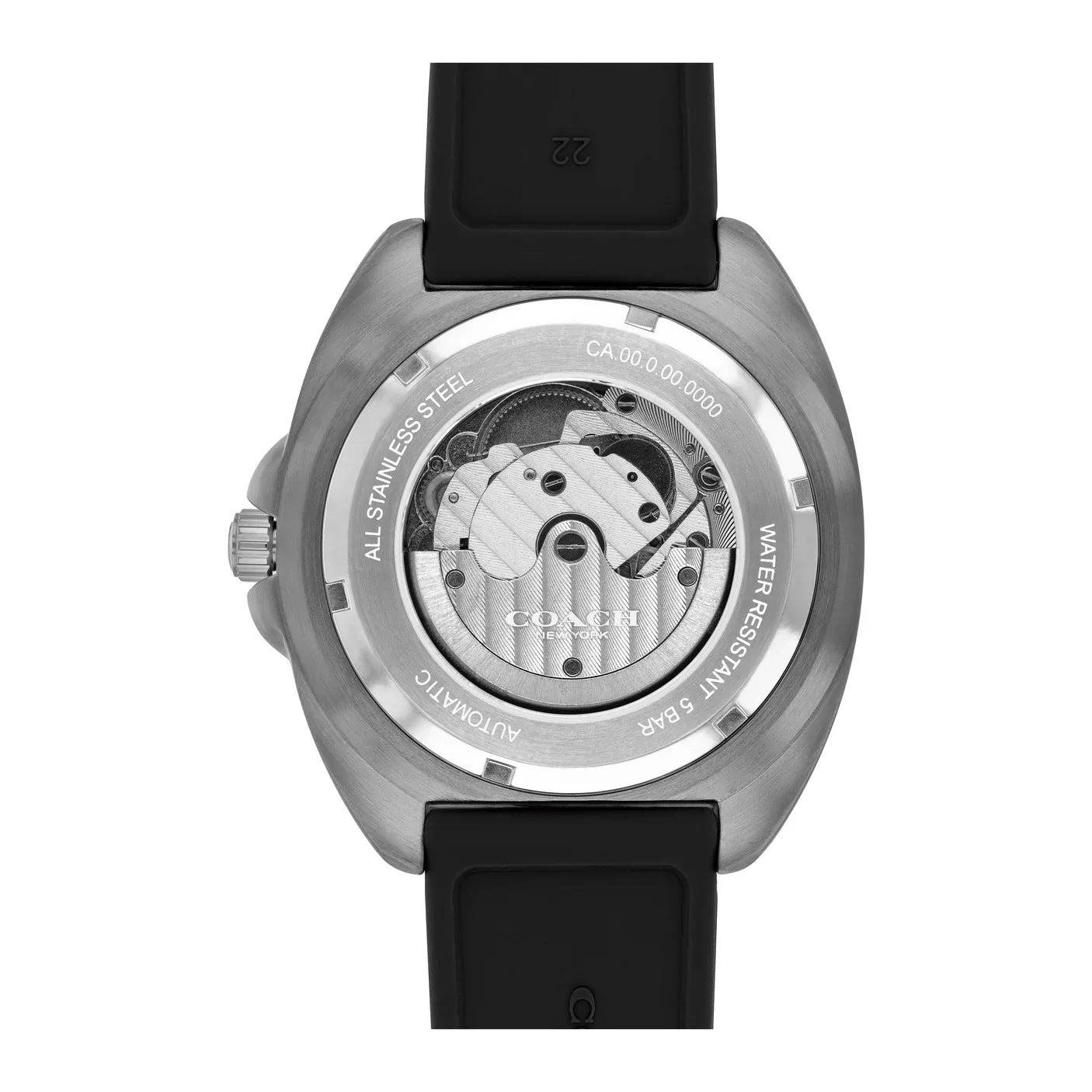 COACH Charter watch caseback displaying visible automatic movement mechanism