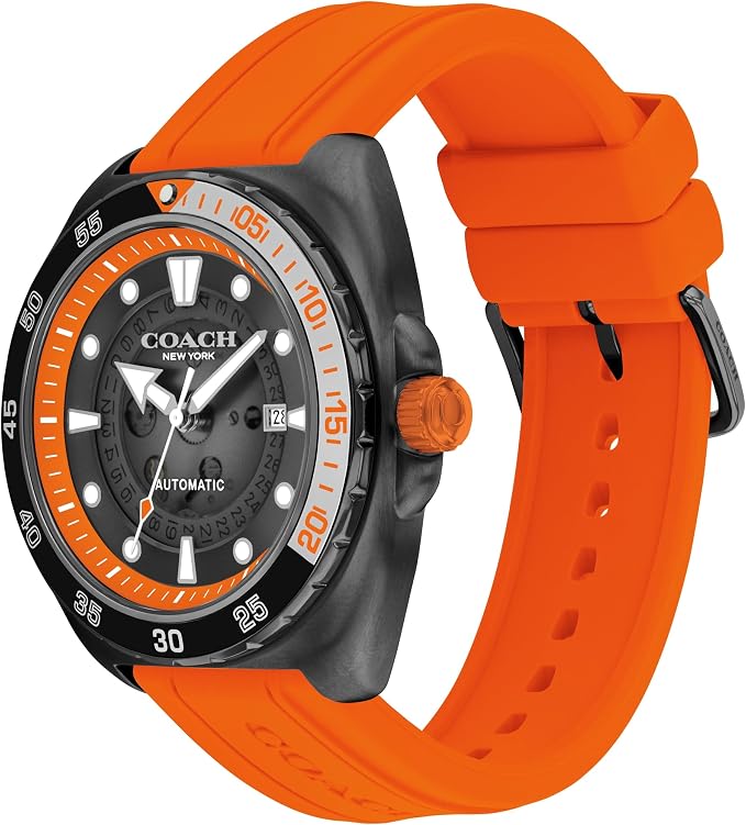 COACH Charter watch shown at angle with orange rubber strap and black case