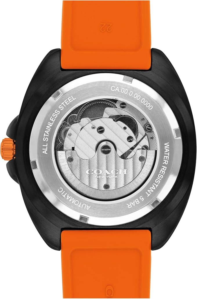 COACH Charter automatic watch caseback showing stainless steel movement and engraved details