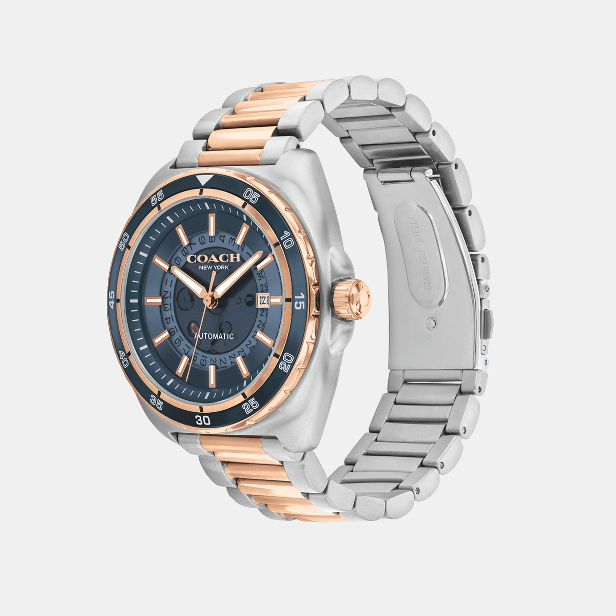 Side angle view of Coach Charter watch showing two-tone stainless steel and rose gold bracelet