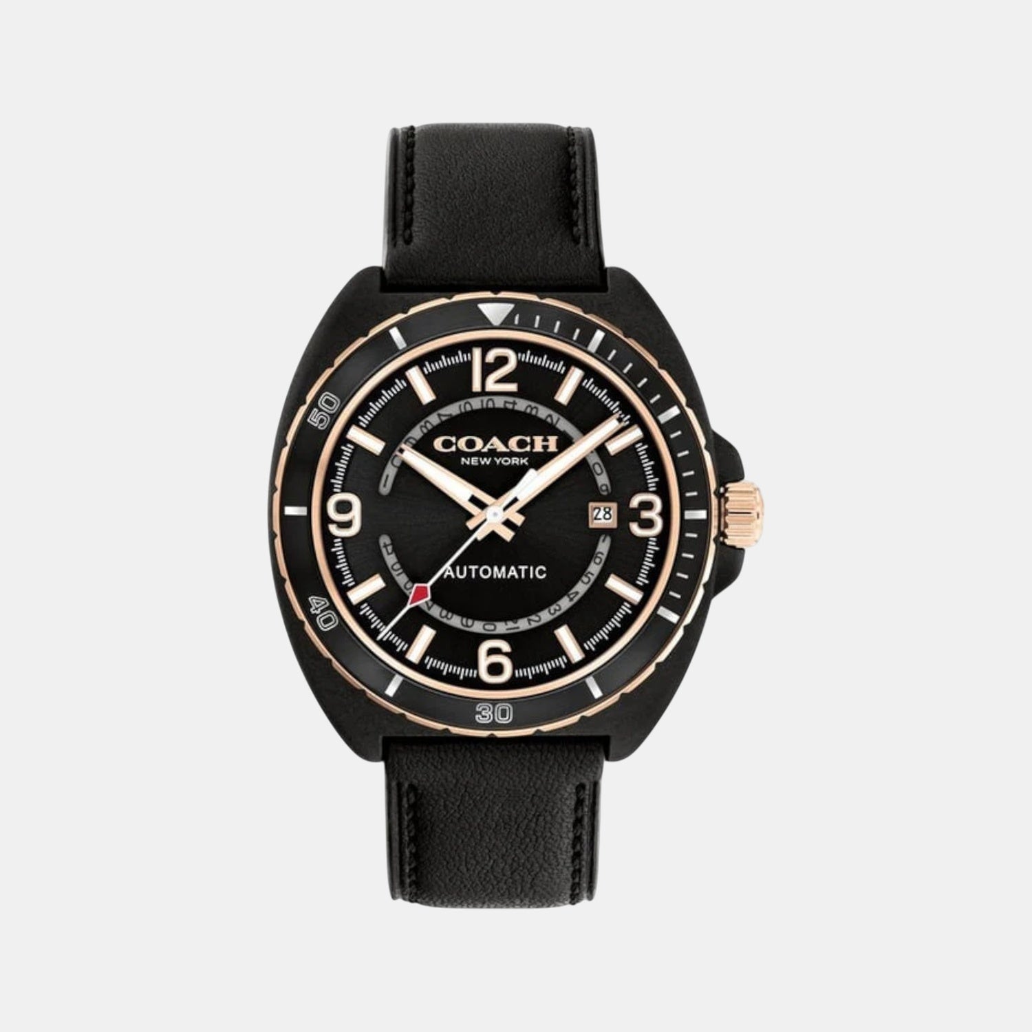Coach Charter automatic men's watch with 44.5mm black case, black dial, and black leather strap
