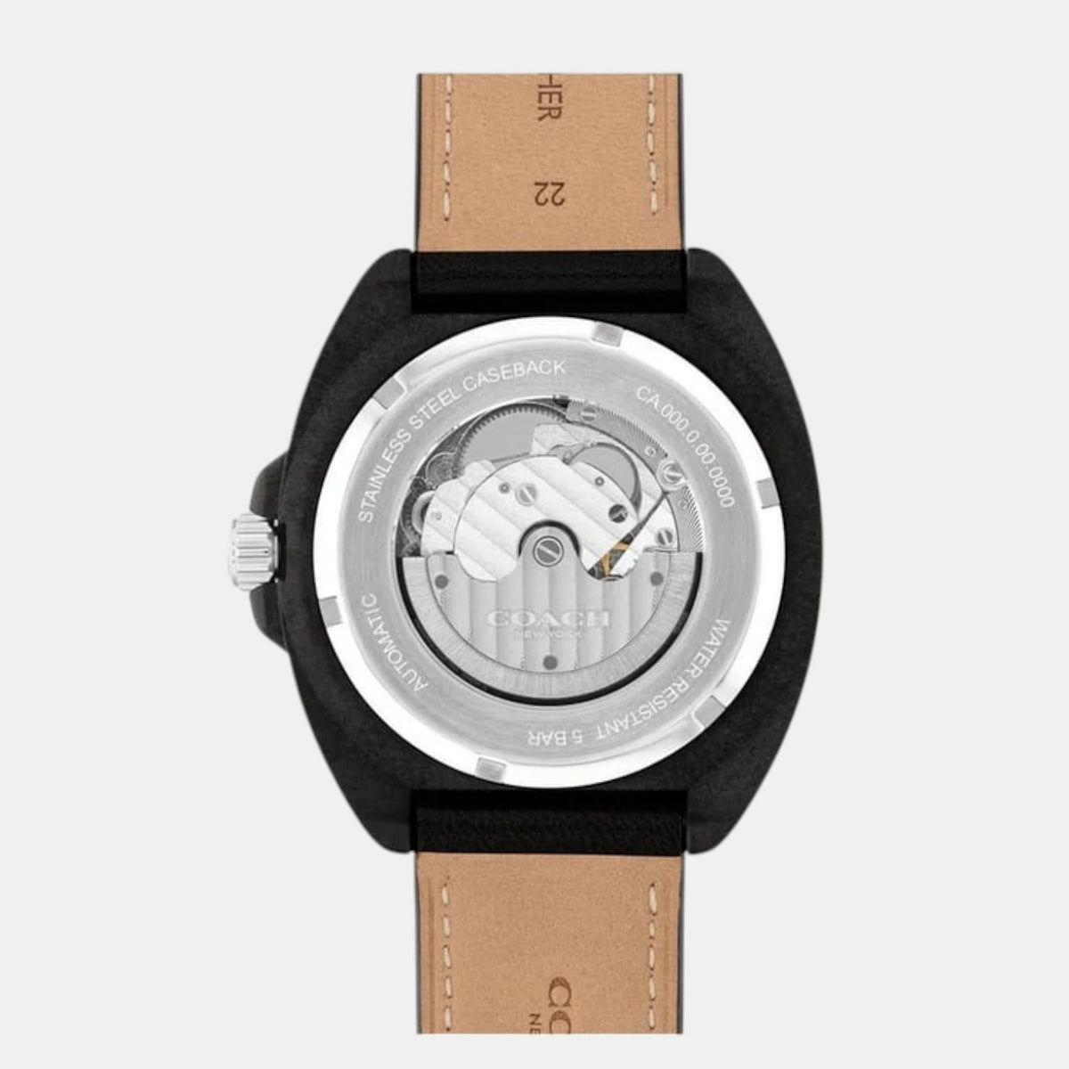 Coach Charter caseback showing automatic movement through transparent crystal and tan leather strap