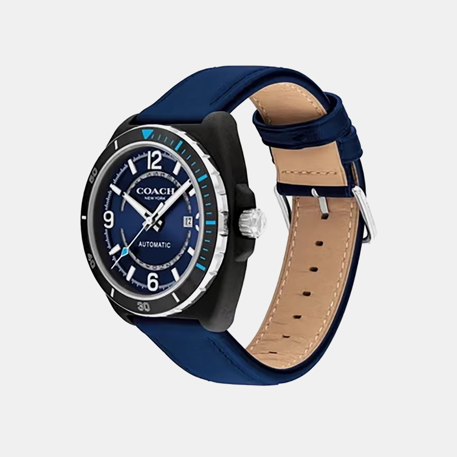 Coach Charter watch at angle showing blue leather strap and tan interior lining