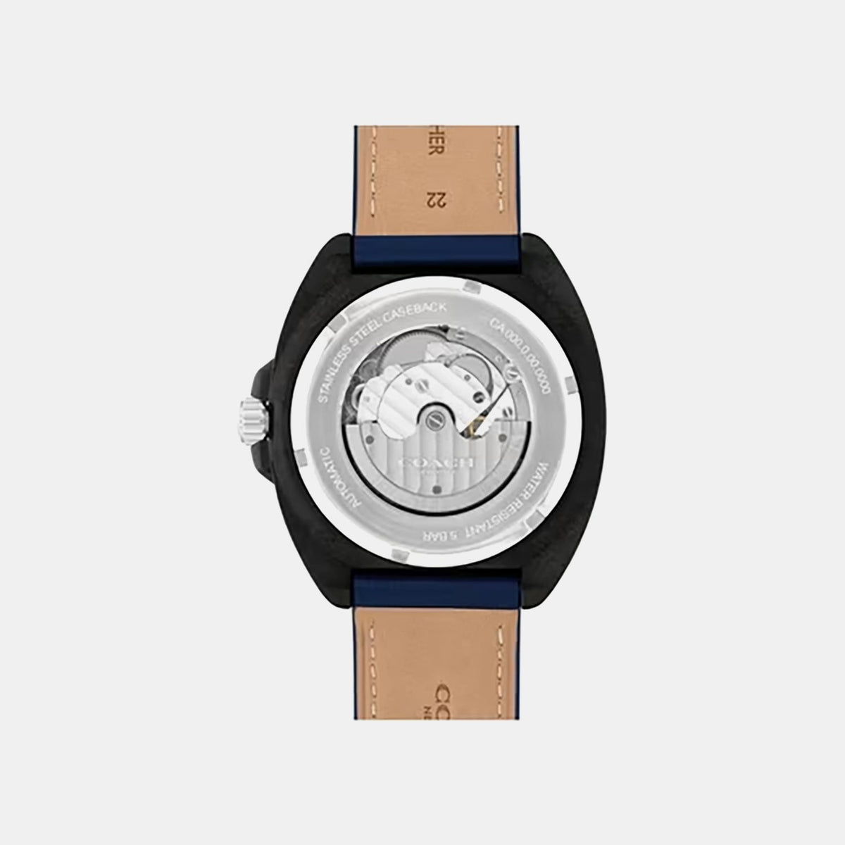 Coach Charter watch caseback showing automatic movement and transparent window