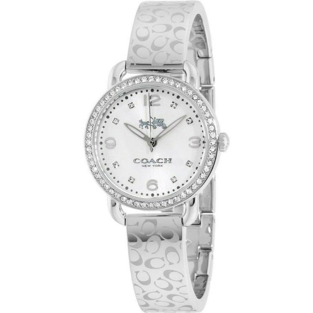 Coach Delancey women's watch three-quarter view showing silver tone case and matching bracelet