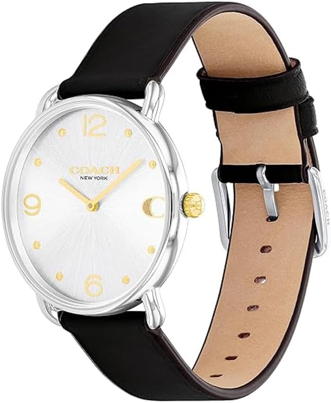 Coach Elliot watch side view showing black leather strap with tan interior and silver-tone lugs