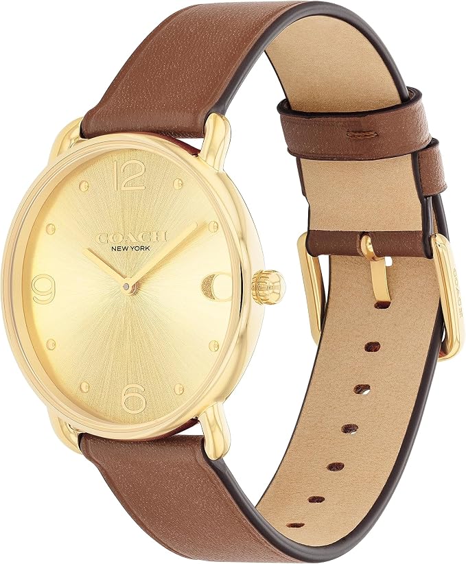 Coach Elliot watch shown at angle with brown saddle leather strap and visible buckle