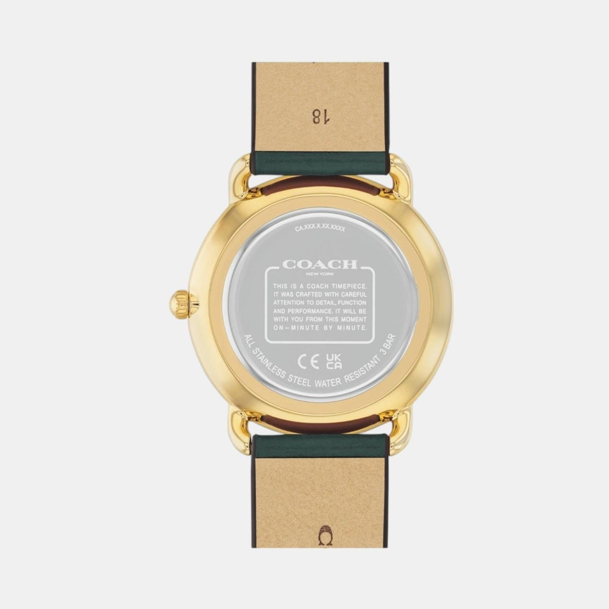 Coach Elliot watch caseback with silver-tone metal back and Coach branding