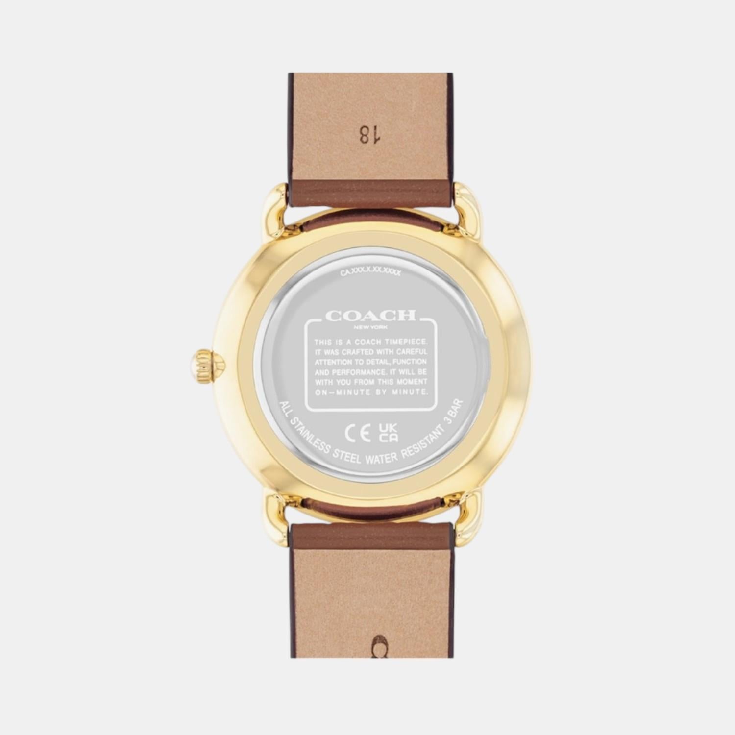 Coach Elliot watch caseback with logo and specifications on stainless steel