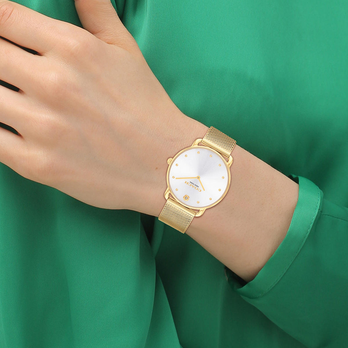 Coach Elliot gold mesh watch on wrist with silver dial and gold markers