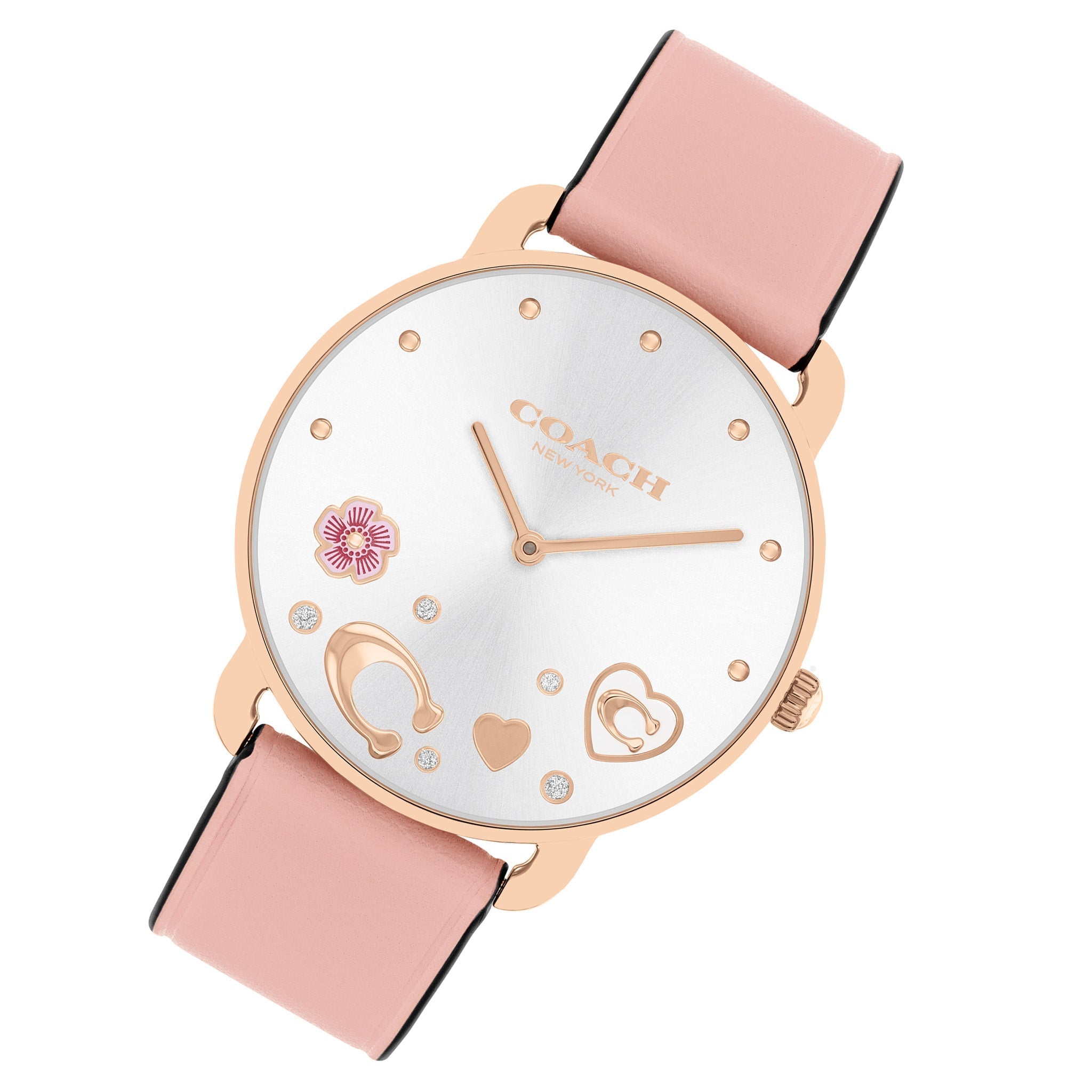 COACH Elliot watch from angle showing blush leather strap with rose gold case and decorated white dial