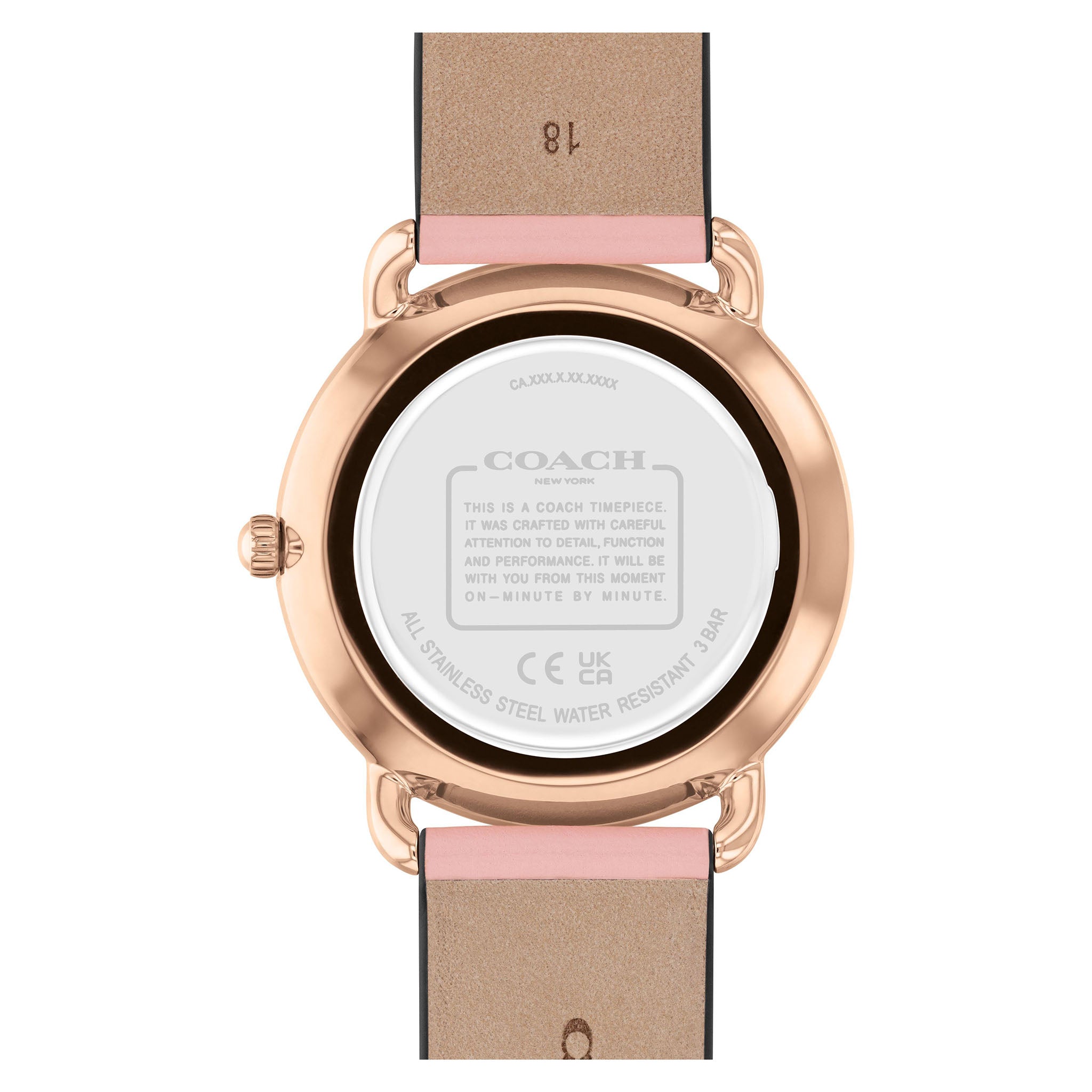 COACH Elliot caseback showing stainless steel construction and coach heritage engraving