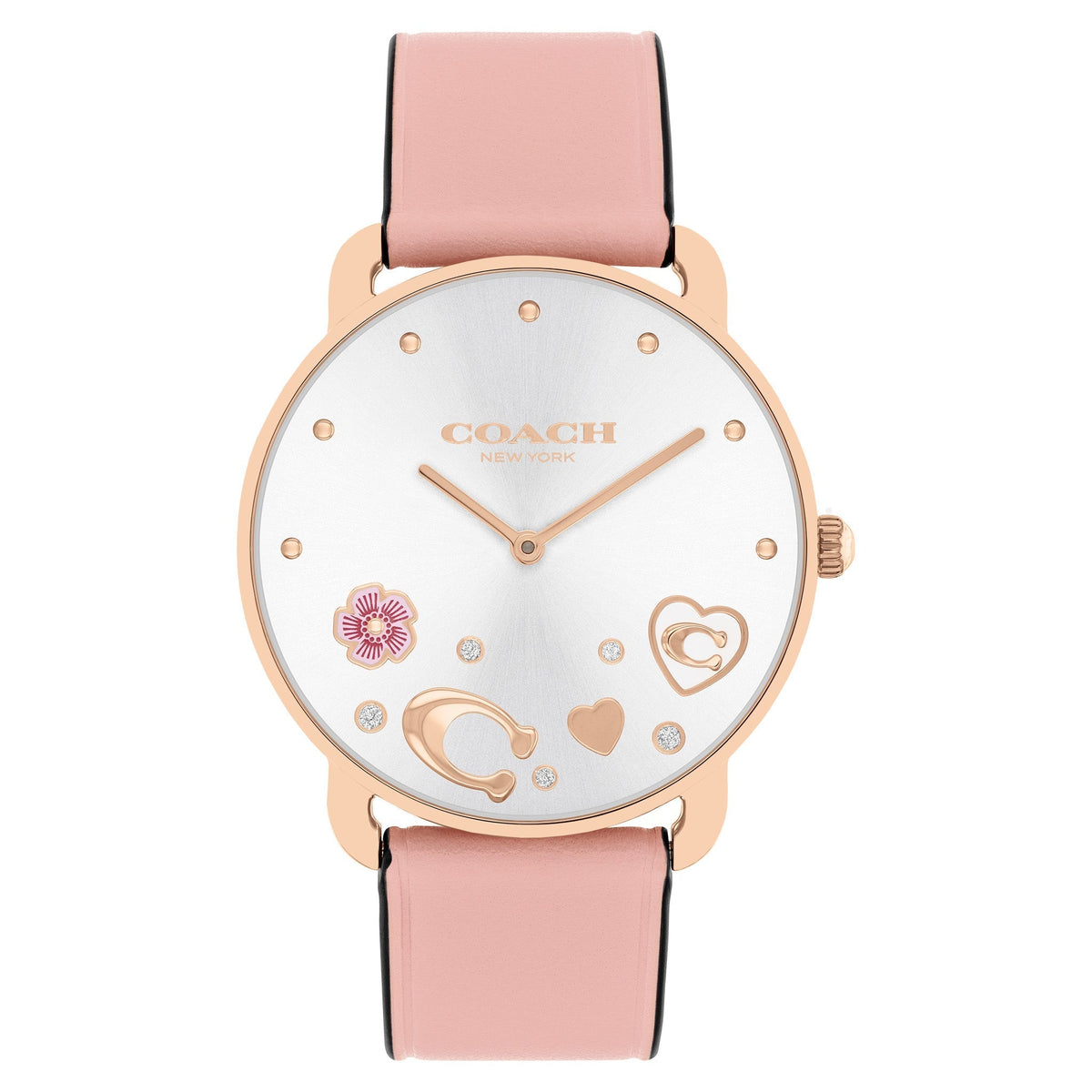 COACH Elliot 36mm women's watch with white dial, rose gold case, blush leather strap and crystal heart accents