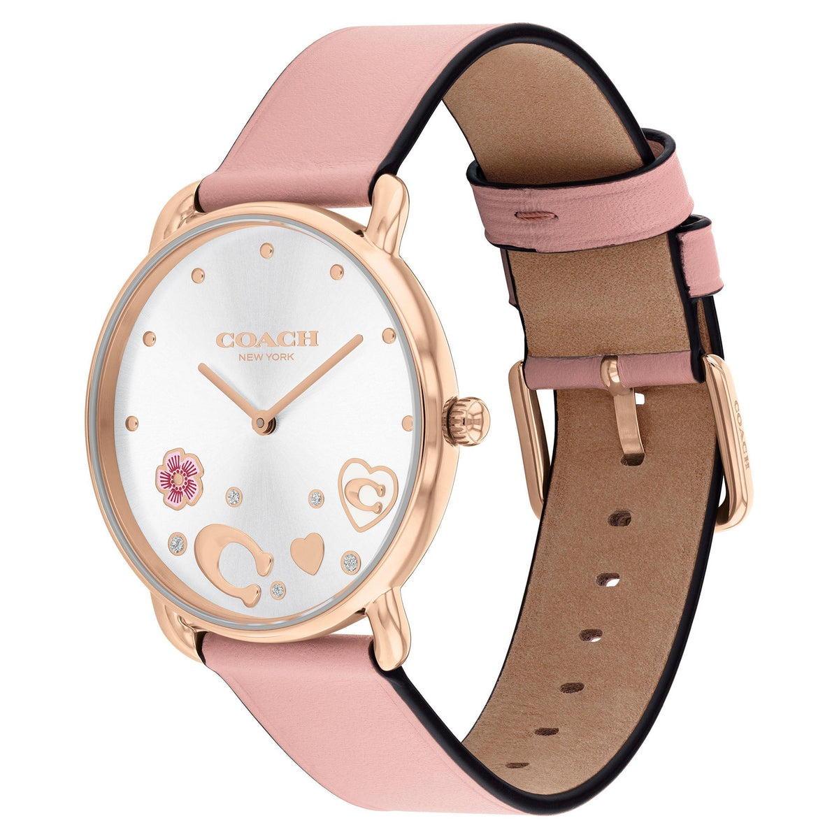 COACH Elliot watch worn on wrist showing pink leather strap and buckle closure detail