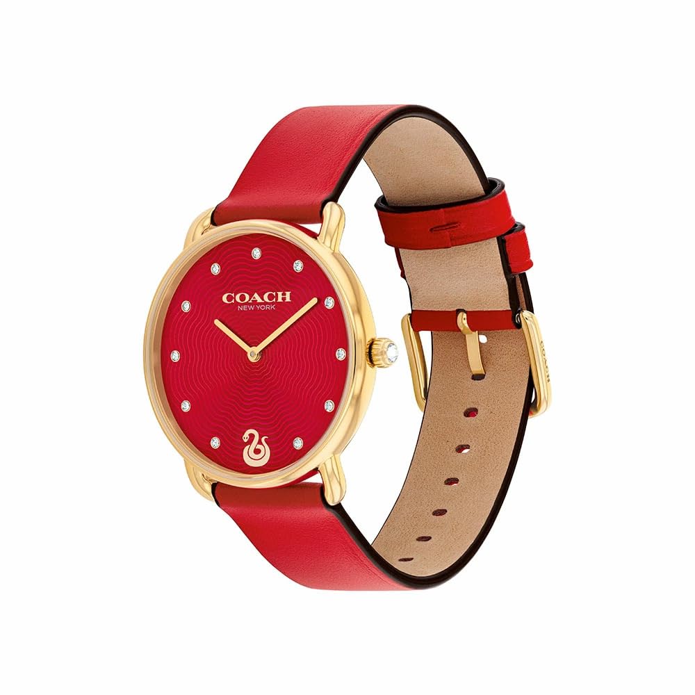 Coach Elliot watch from angle showing red leather strap and suede interior detail