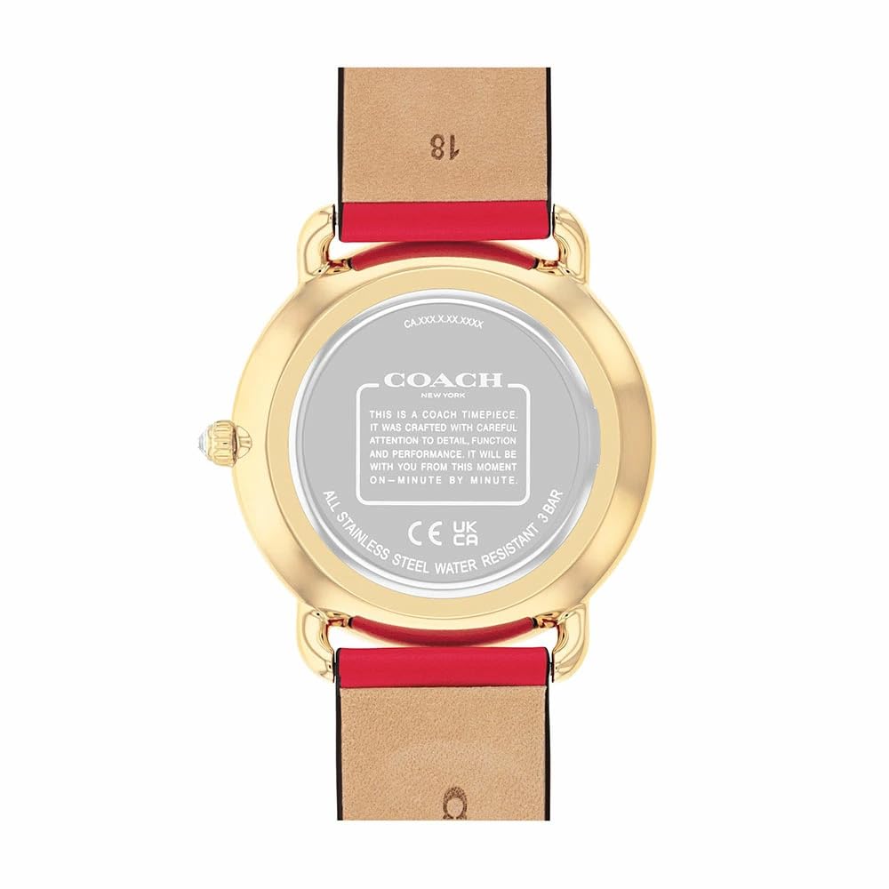 Coach Elliot watch caseback showing stainless steel water resistant specifications