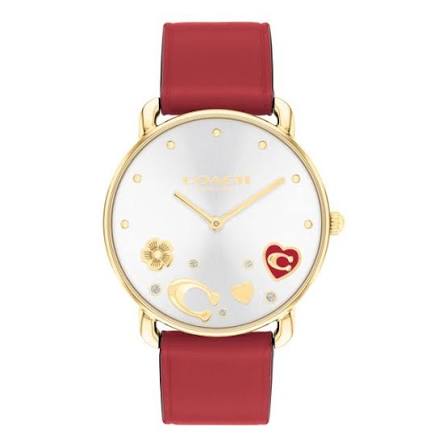 Coach Elliot women's watch with silver dial, gold-tone case, crystal accents, and red leather strap