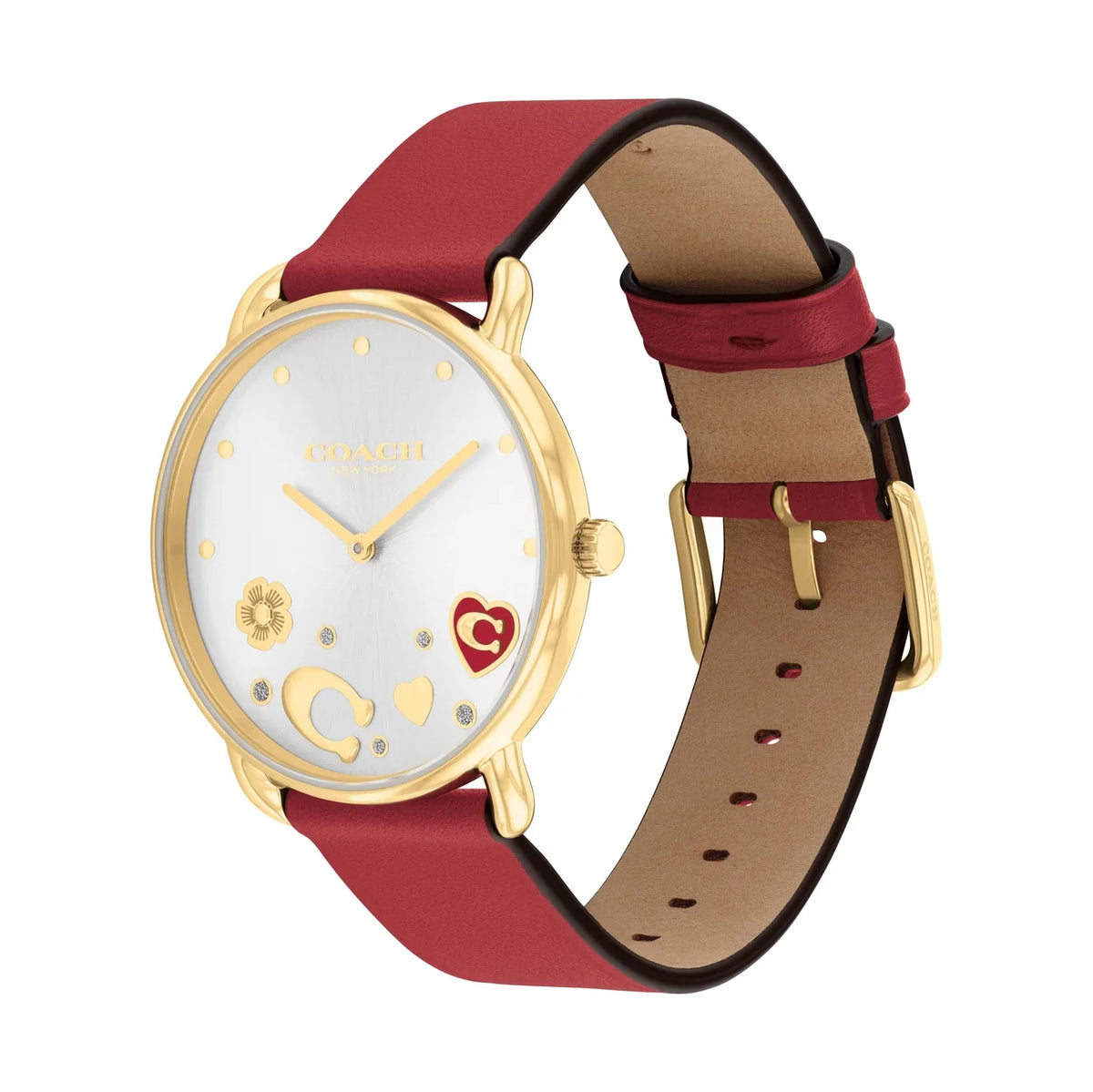 Coach Elliot watch side view showing red leather strap with tan suede lining and gold-tone buckle