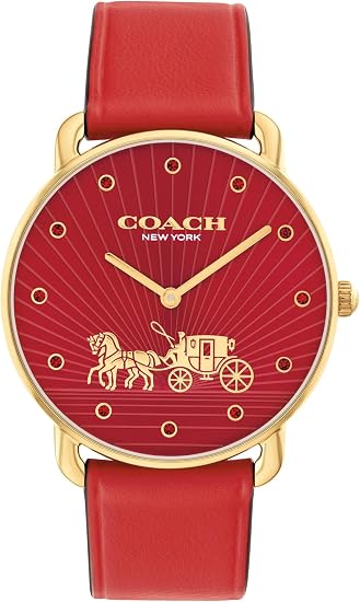 Coach Elliot red dial watch with gold-tone case and red leather strap
