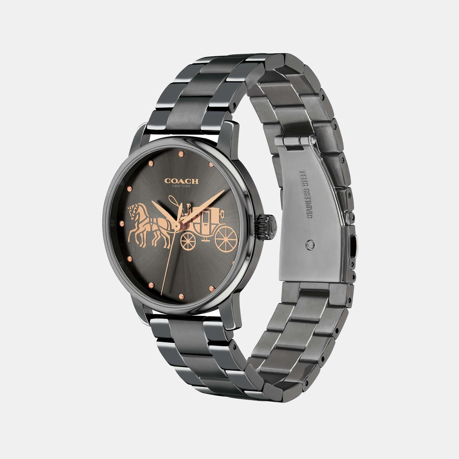 Side angle view of Coach Grand ladies watch with link bracelet and dark grey dial with rose gold accents