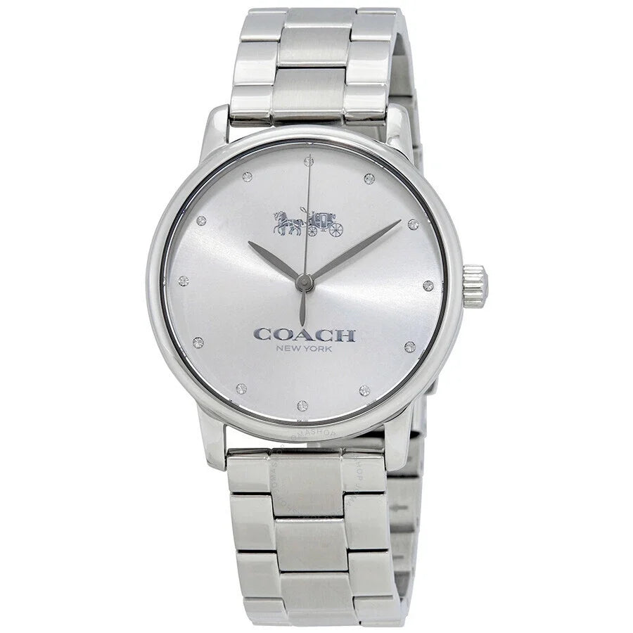 Coach Grand silver dial stainless steel women's watch with diamond hour markers and link bracelet