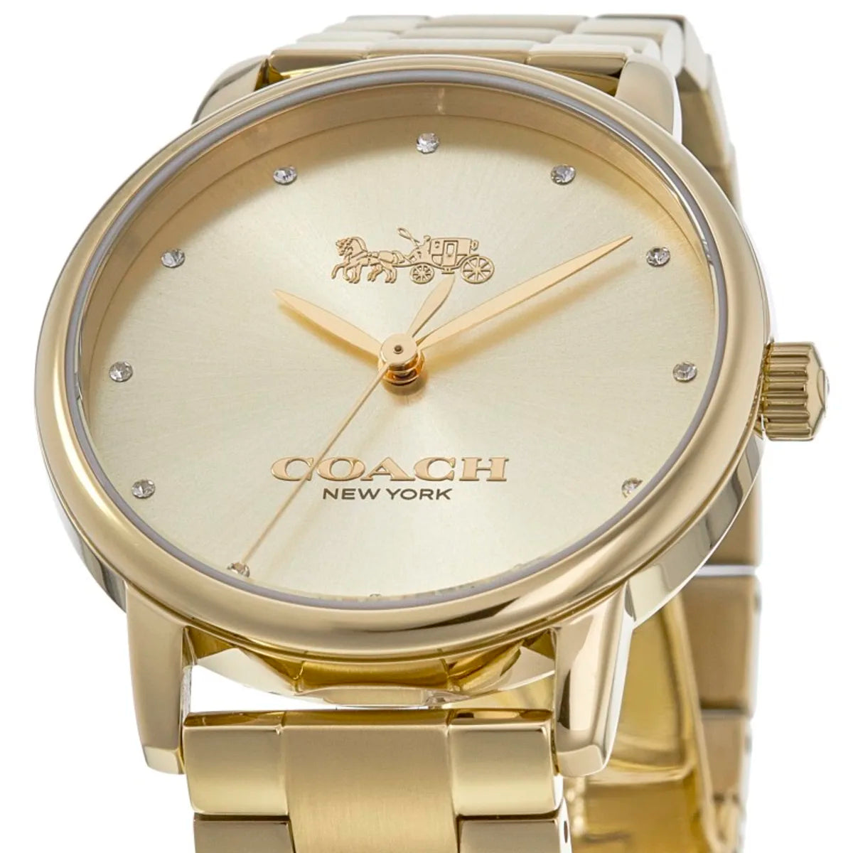 Coach Grand watch showing crystal-set dial with Coach logo and gold-tone case