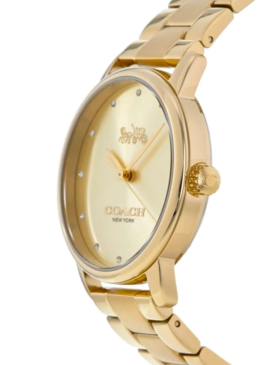 Coach Grand watch side view displaying gold-tone stainless steel bracelet and crown