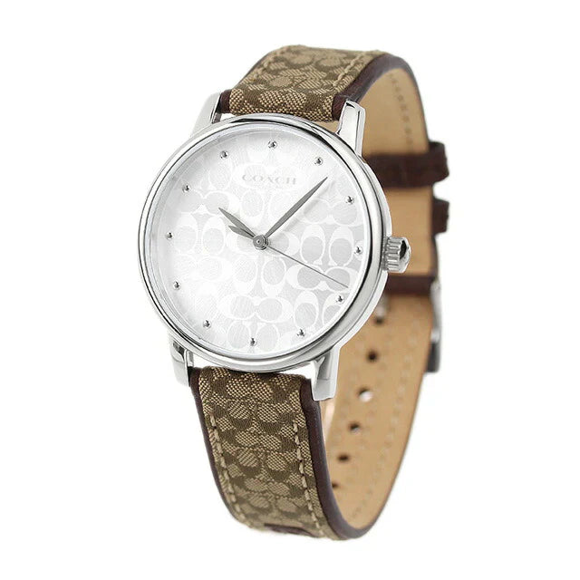 Coach Grand watch at angle showing white dial and khaki signature fabric strap