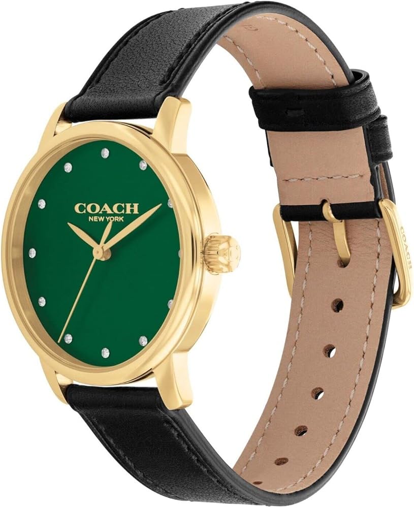 Coach Grand watch angle view showing green dial and black leather strap detail