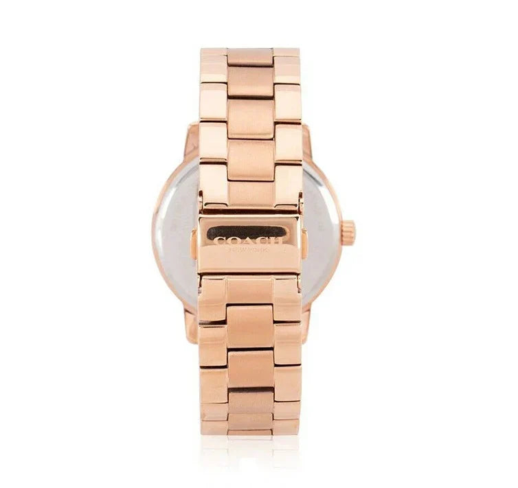Coach Grand Classic rose gold bracelet watch caseback showing stainless steel construction