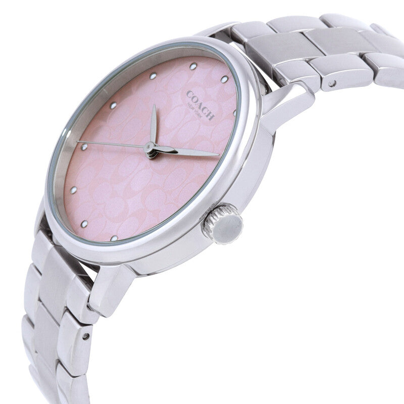 Side angle view of Coach Grand watch with pink dial and stainless steel bracelet