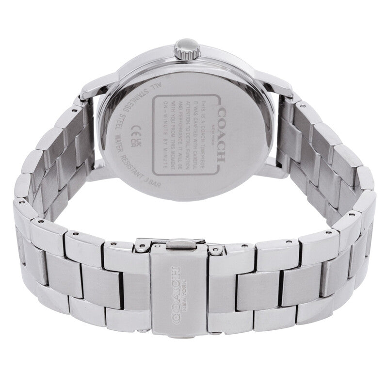 Coach Grand watch caseback showing stainless steel case and folding clasp bracelet