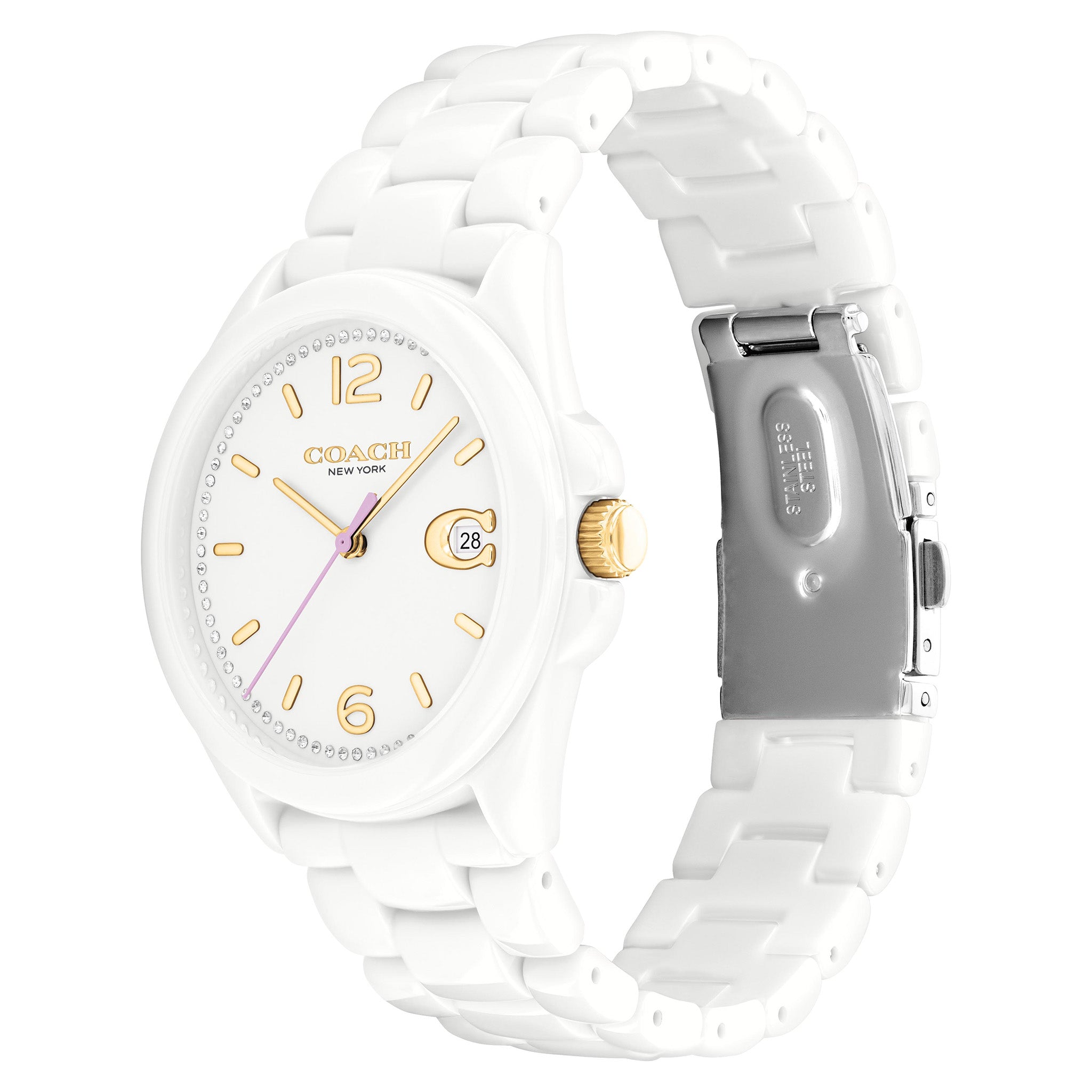 Coach Greyson white ceramic watch shown from angle with white bracelet and silver caseback visible