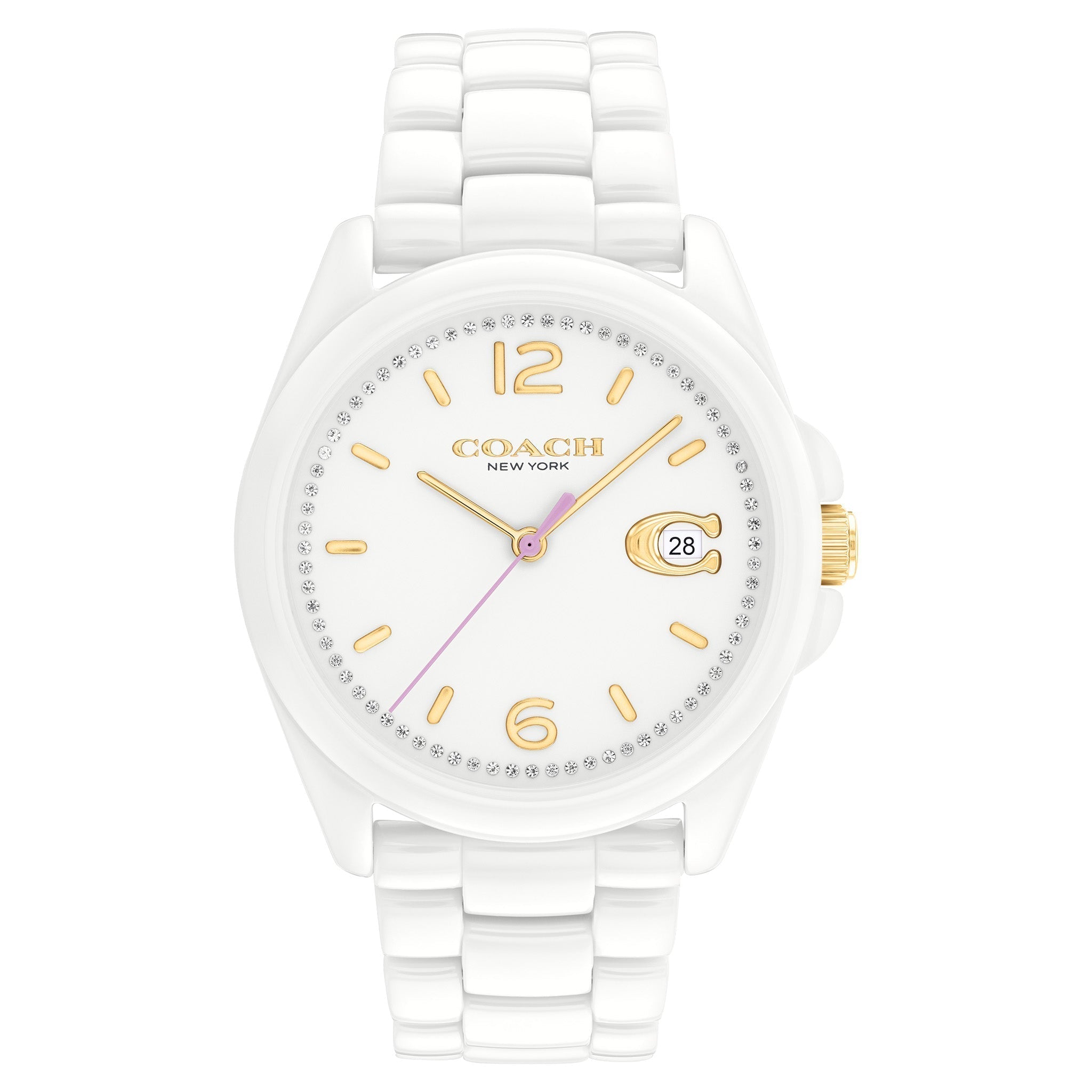 Coach Greyson white ceramic 36mm watch with white dial, gold hour markers, and date window