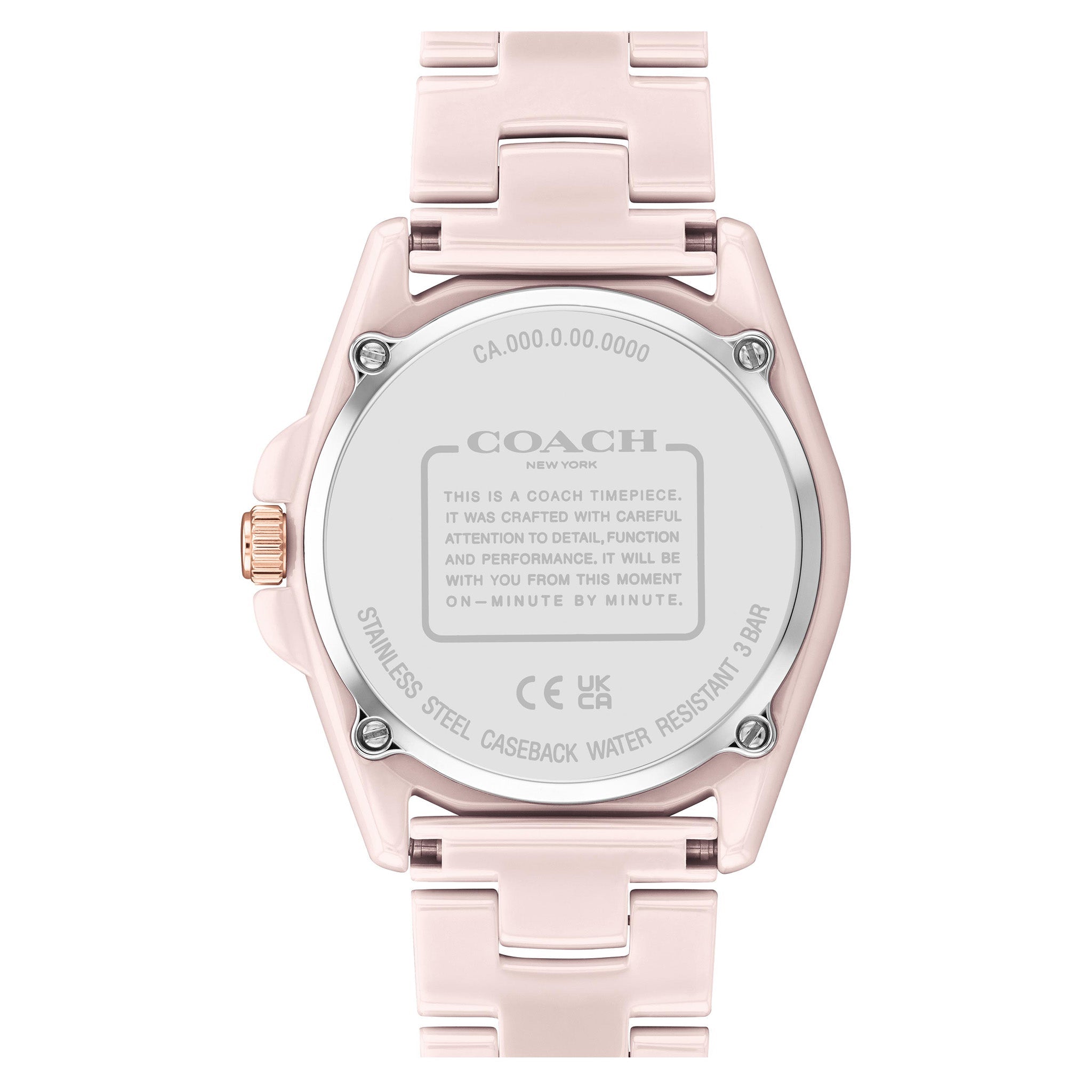 Coach Greyson watch caseback showing stainless steel and water resistant details