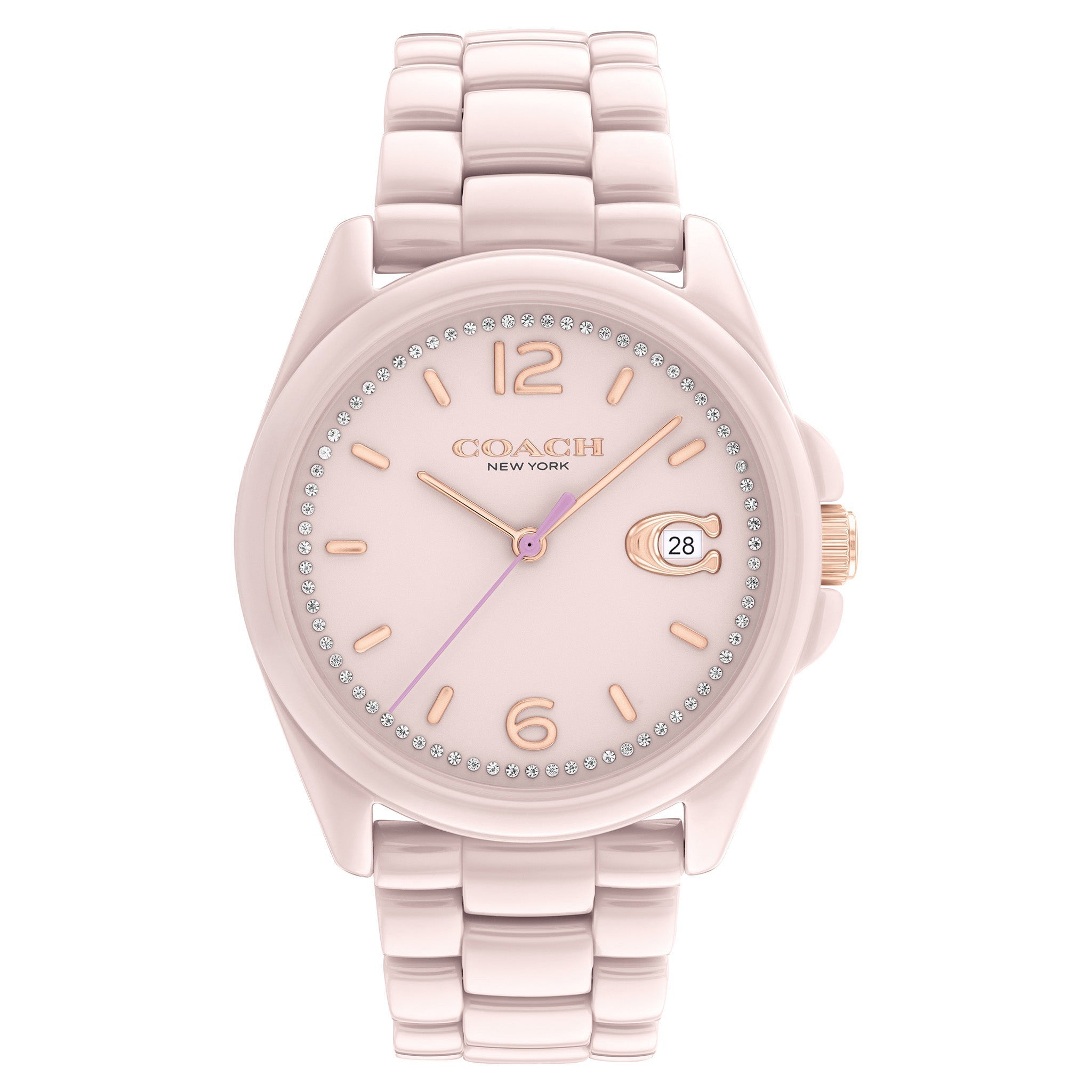 Coach Greyson pink ceramic women's watch with blush dial and rose gold numerals