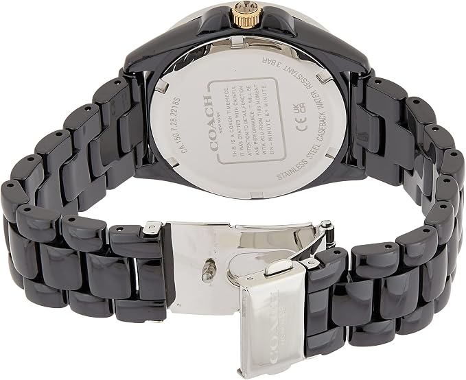 Coach Greyson caseback showing black ceramic case and bracelet clasp