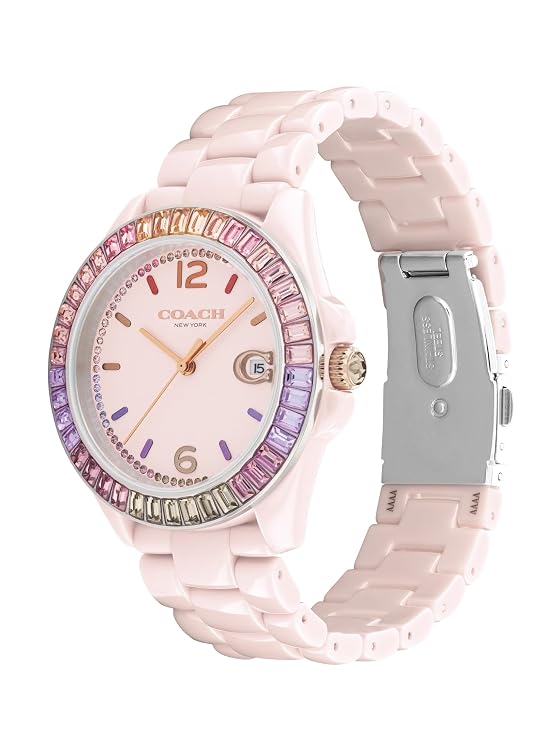 Coach Greyson blush ceramic watch side view showing link bracelet and pushbutton clasp