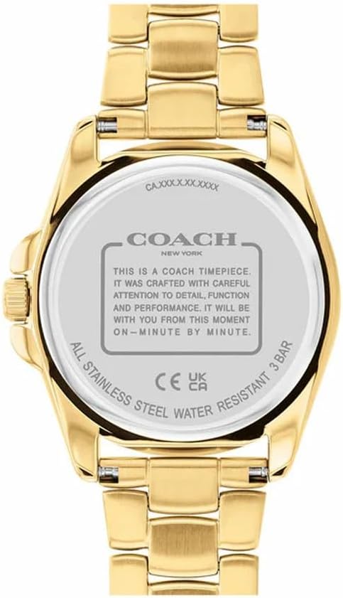 Coach Greyson watch caseback showing water-resistant stainless steel case with model information