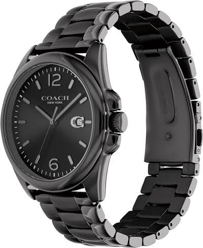 Coach Greyson black women's watch side angle showing case and bracelet