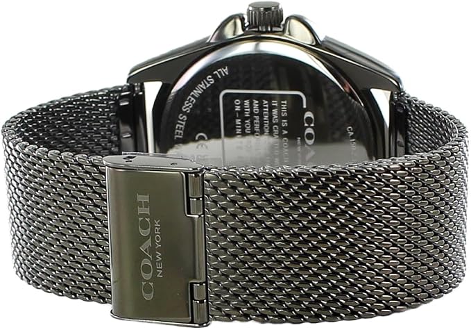 Coach Greyson watch caseback and mesh bracelet clasp detail