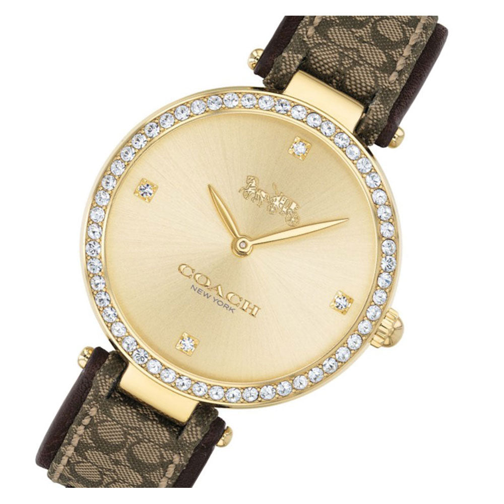 Coach Jacquard watch angled view showing gold dial with crystal markers and Jacquard textile strap